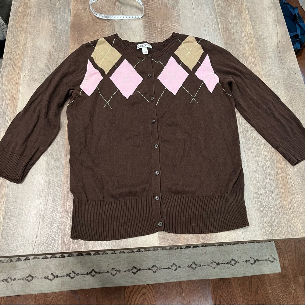 Cherokee Brown Argyle Cardigan Y2K Pink and Yellow Accents Size Large